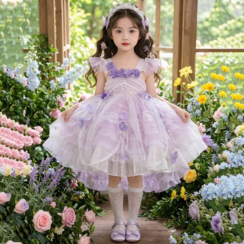

Lolita Style Mesh Tutu Dress for Girls Suspender Flower Fairy Princess Dress Kids Purple Color Sweet Cute Birthday Dress