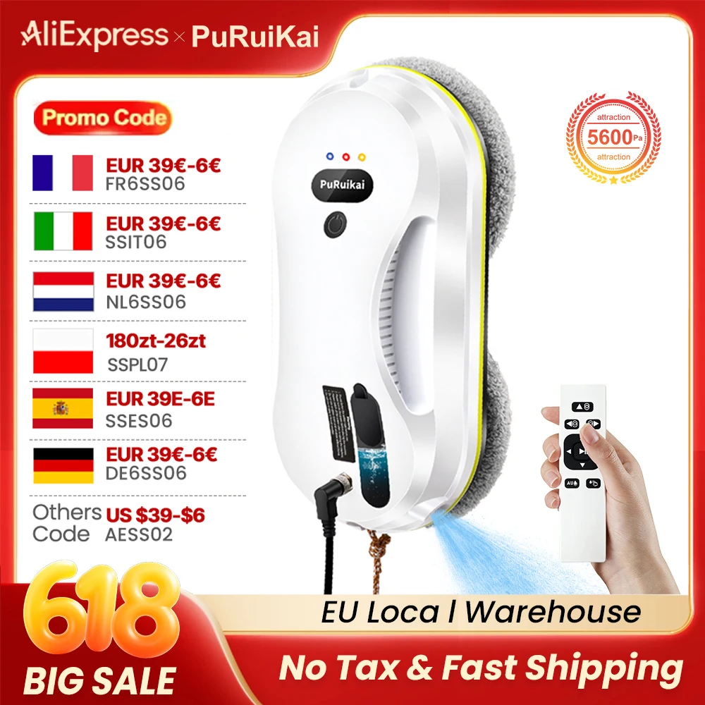 PuRuiKai Robot de nettoyage de vitres nettoyage automatique avec planification intelligente des chemins, puissance d'aspiration 5600 Pa, technologie de détection des bords