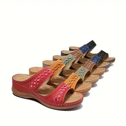 Mid Heel Womens Hollow Out Wedge Slide Sandals Soft Lightweight Casual Open Toe Shoes with Slip-On Closure and Random Printing
