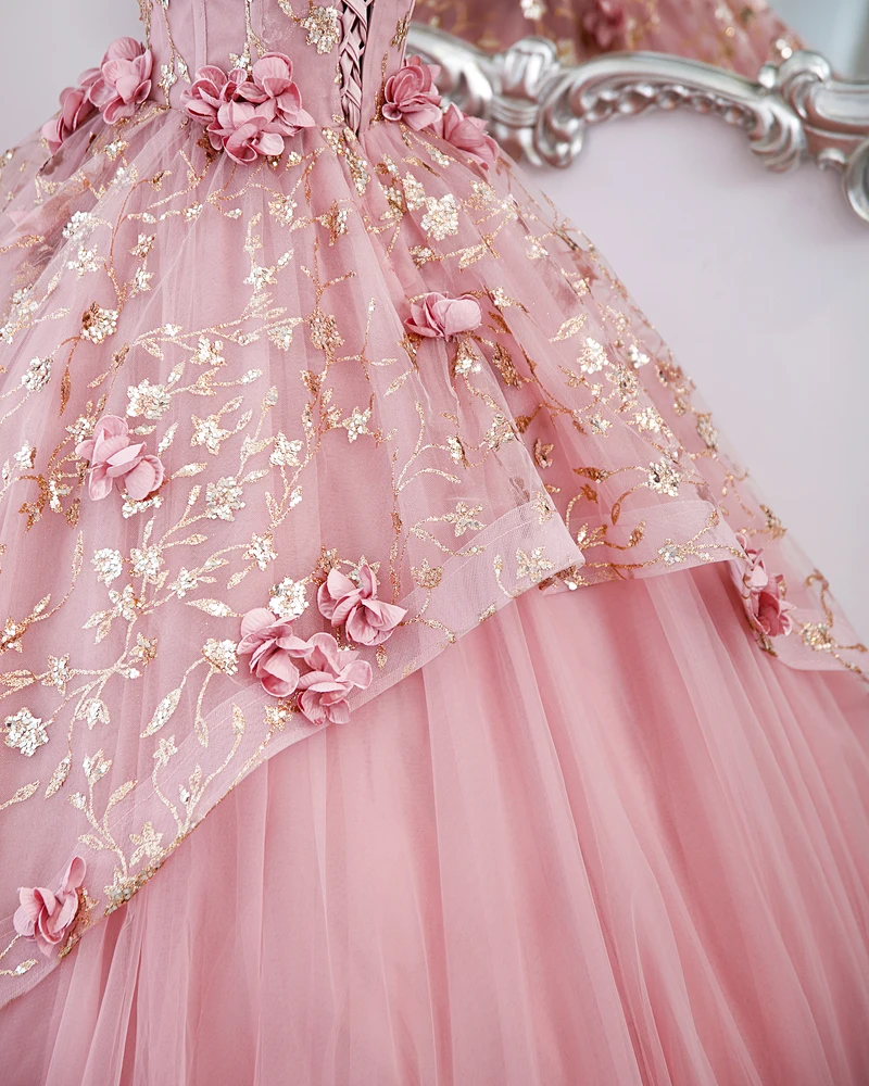 Vestidos de quinceañera, vestido de baile rosa, Floral, dorado, lentejuelas brillantes, cuello transparente, vestidos de fiesta de noche, vestido de