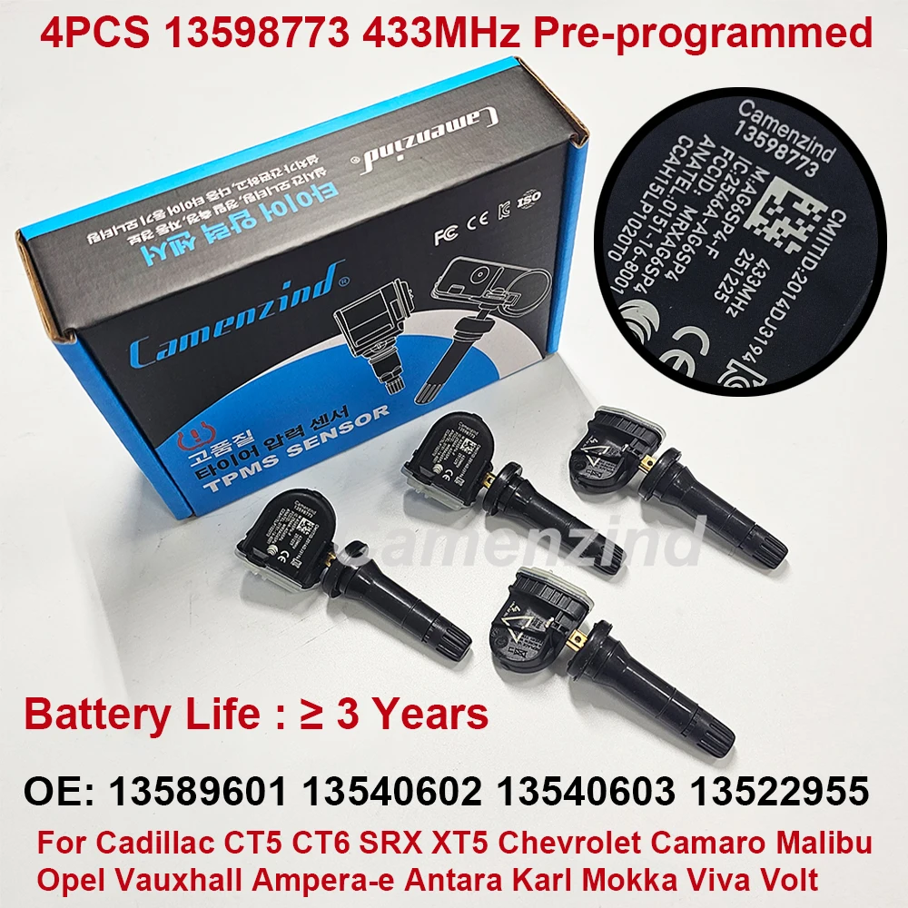 4 Uds Sensor TPMS 13598773 13544444 13540602 13516165 13589601 13540603 433MHz para Cadillac CT6 XT5 SRX Chevrolet Malibu Opel