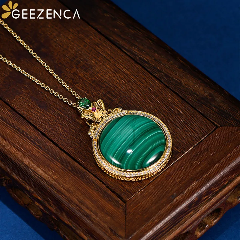 GEEZENCA Vintage Natural Malachite 925 Silver Big Pendant For Necklace Luxury Pave Setting Zircon Gemstone Pendants No Chain