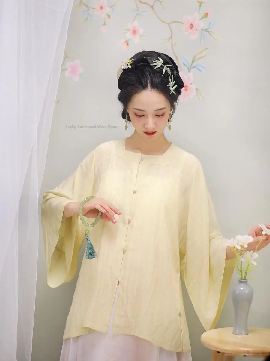 الصينية التقليدية Hanfu بلوزة مينغ سلالة ساحة الرقبة نصف كم قصيرة Hanfu قميص فضفاض الصيف Hanfu بلون Hanfu العلوي