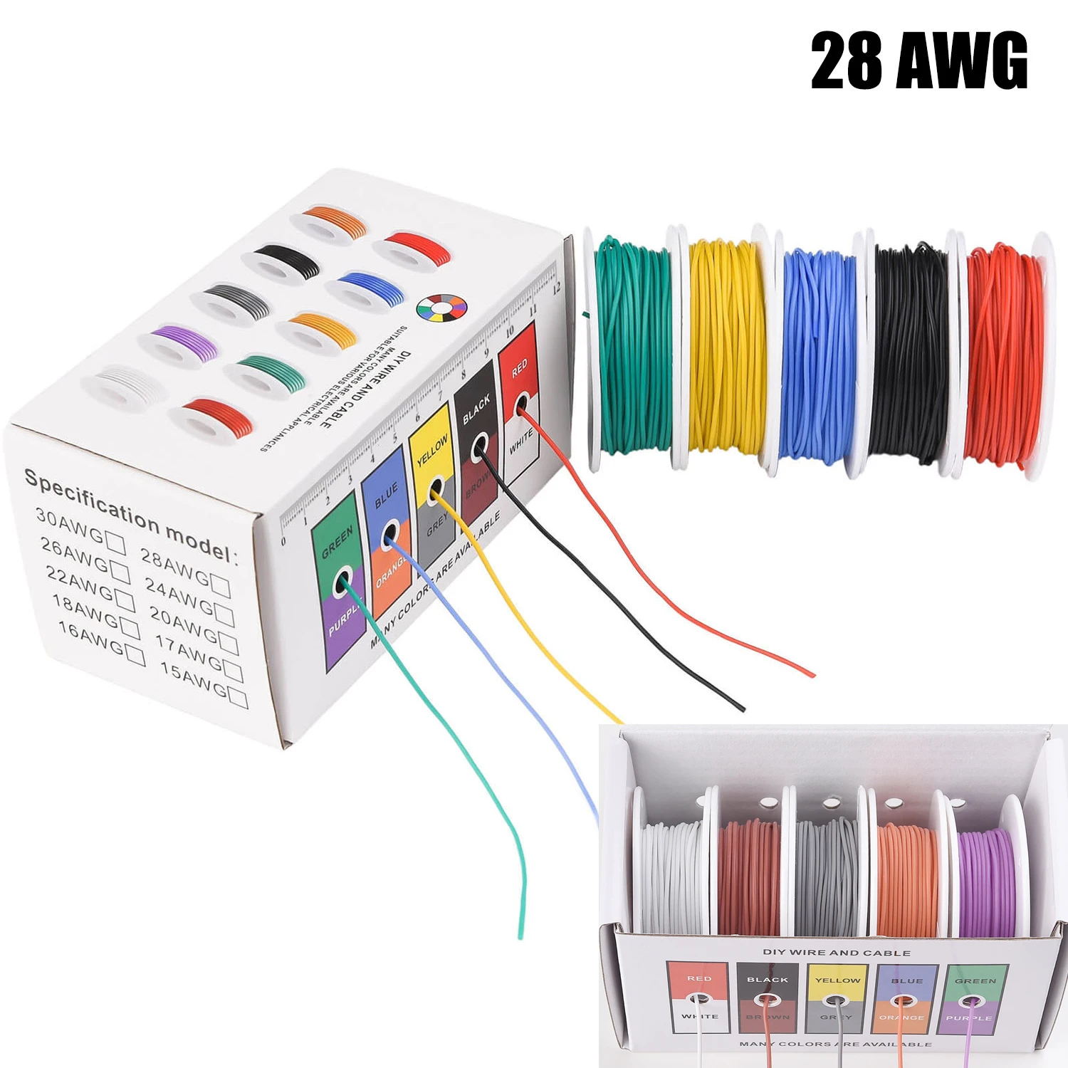 28 AWG Silicone Wire Kit, 10 Colors Stranded Tinned Copper Electrical Hook Up Wires, Flexible High Temperature Resistant Cable