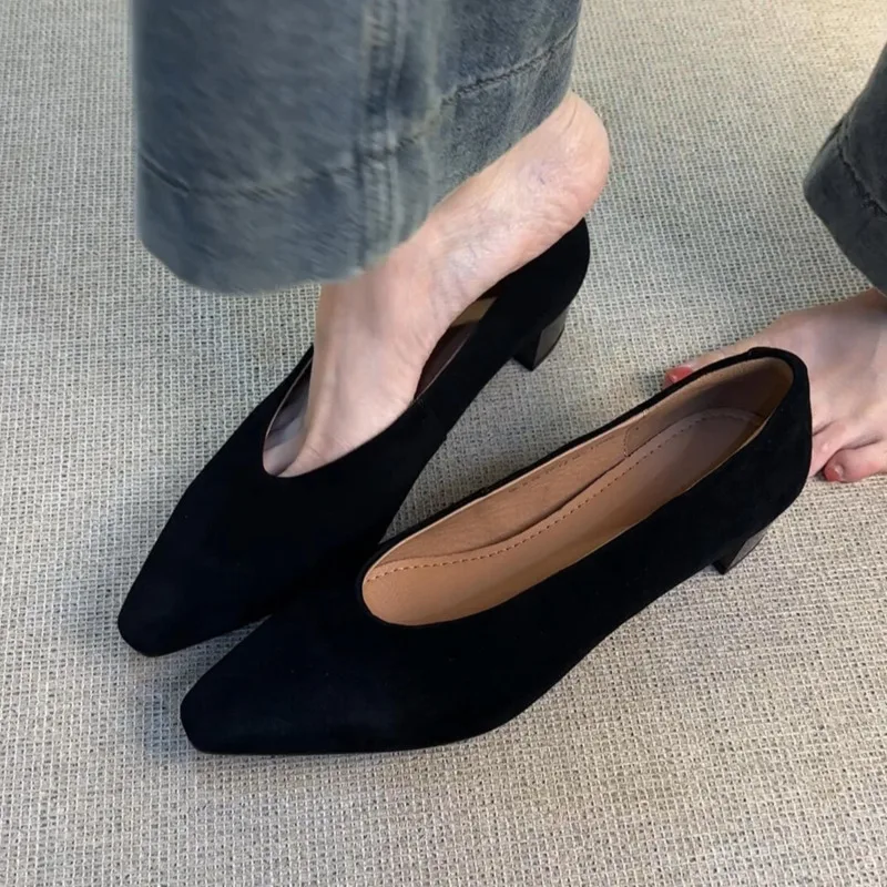 

Vintage Pointed Toe Women Pumps Shoes Fashion French style Shallow Mouth Square Toe Thick Heel Comfortable Commuting Shoes