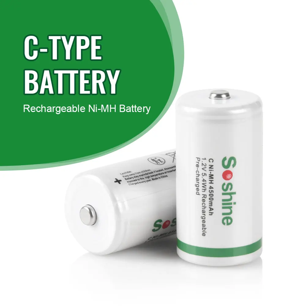 Soshine 1.2V C Size NiMH Rechargeable Batteries 4500mAh NiMH Supper Low Self Discharge Battery for Emergency Lights Gas Stove