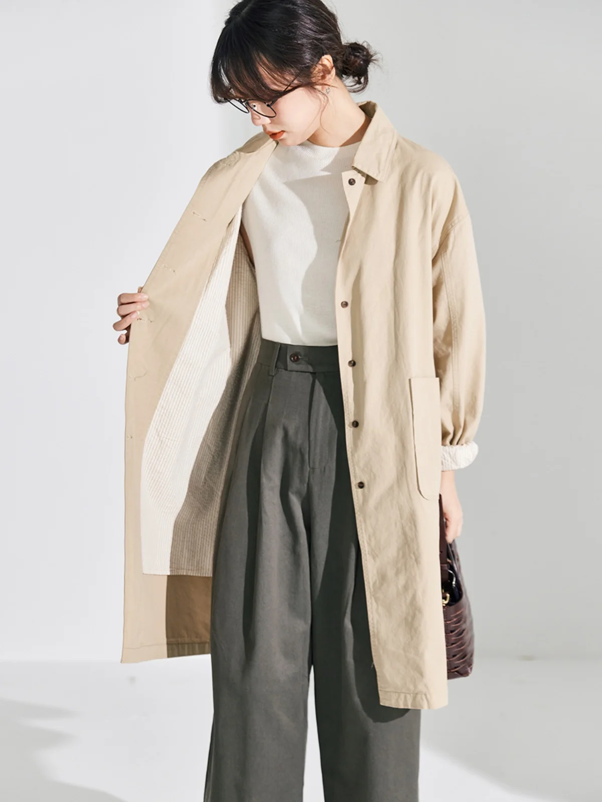 

Zimode New Autumn Artistic High Cotton Striped Loose Mid-Length Women's Jaet Collar Single Button Long Sve Straight