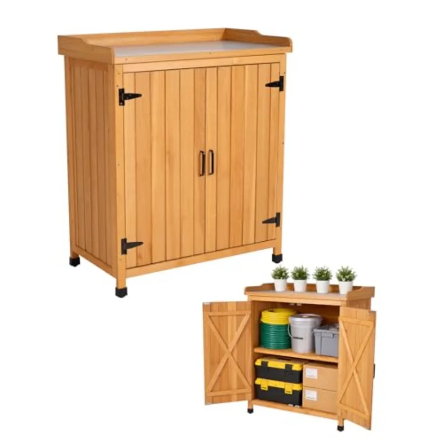 Outdoor Potting Bench with Metal Top, Wooden Garden Storage Cabinet and Tool Shed, Weather-Resistant Workstation for Patio, Bac