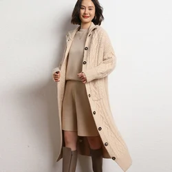 2023 Autumn Winter New 100% Cashmere Cardigan Knitted Sweater Women's Loose Large Size Long Cardigans Solid Thicken Warm Coat