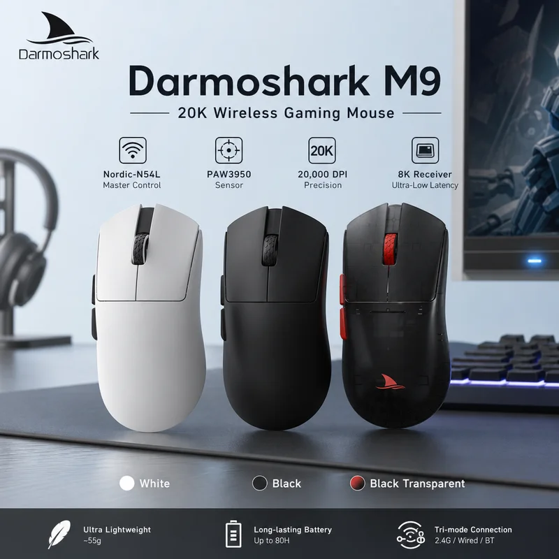 Darmoshark Official M9 Gaming Mouse Wireless 8k 30KDPI PAW3950 Sensor  Big Hand Bluetooth Mouse Macro Lightweight 59g Mice