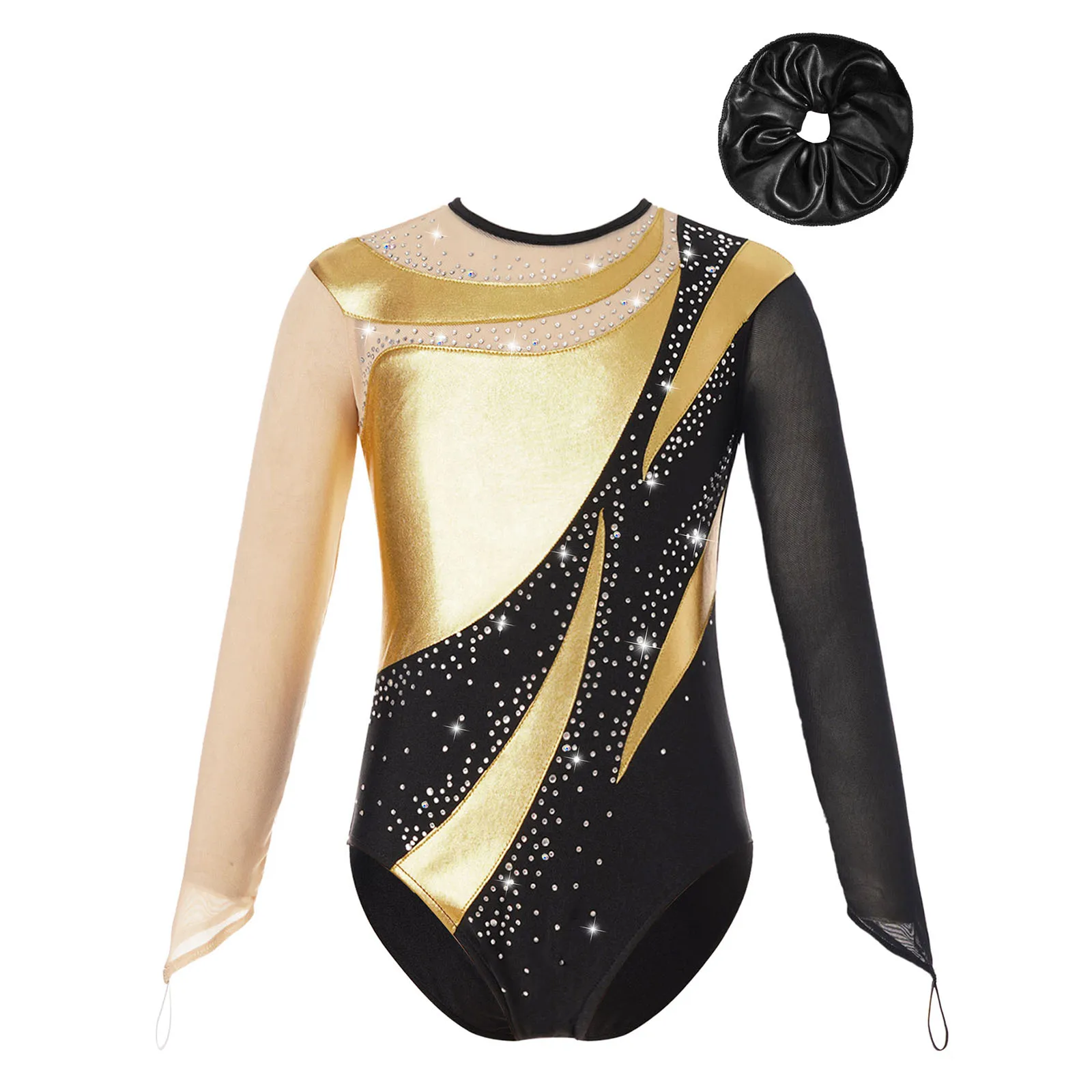 

Kids Girls Ballet Dance Performance Outfit Mesh Long Sleeve Leotard Metallic Contrast Color Patchwork Bodysuit with Hair Band