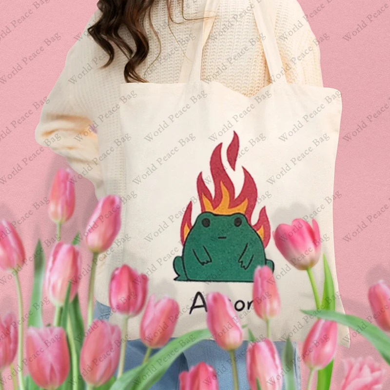 1 pc DEFECT Arson fire meme Frog froggy cute aesthetic pattern Tote Bag  Canvas Shoulder Bag For Travel Daily Commute Women's