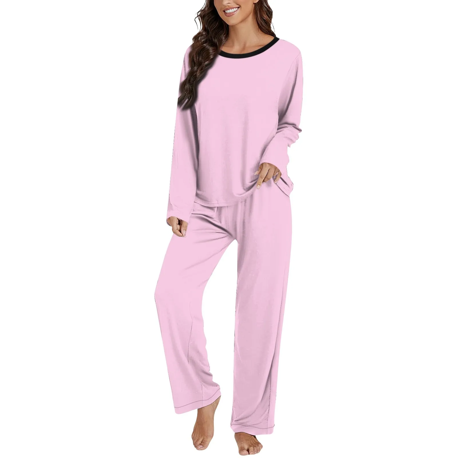 Women Home 2 Piece Set Long Sleeve Round Neck Loose Pullover Tops Straight Wide Leg Pants Outfits Matching Pajamas Sets Solid