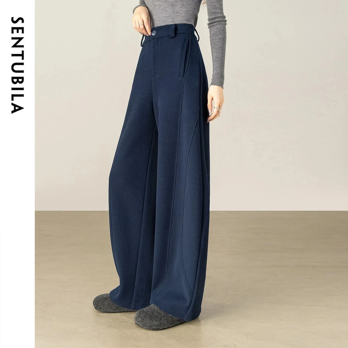 SENTUBILA Women's Warm Pants 2025 Winter Fleece Lined Knitted Trousers Elastic Waist Comfortable Soft Casual Bottoms 154KN3155