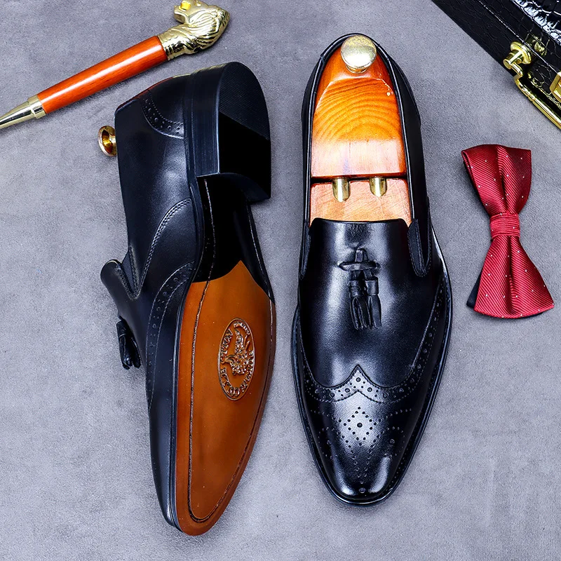 Mens Formal Shoes Genuine Leather Tassel Loafers Men Black 2024 Dress Shoes Wedding Shoes Slip On Leather Brogues