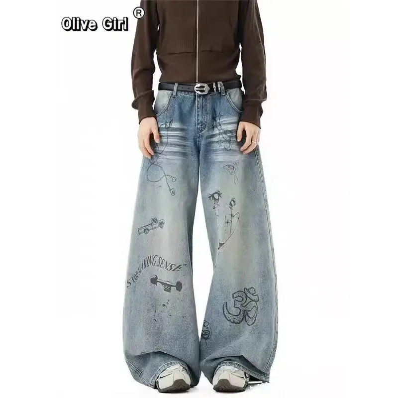 Oversize Women's Jeans Blue Gothic Y2k Harajuku Vintage Baggy Denim Trouser Japanese 2000s Style Boyfriend Jeans Pants Summer