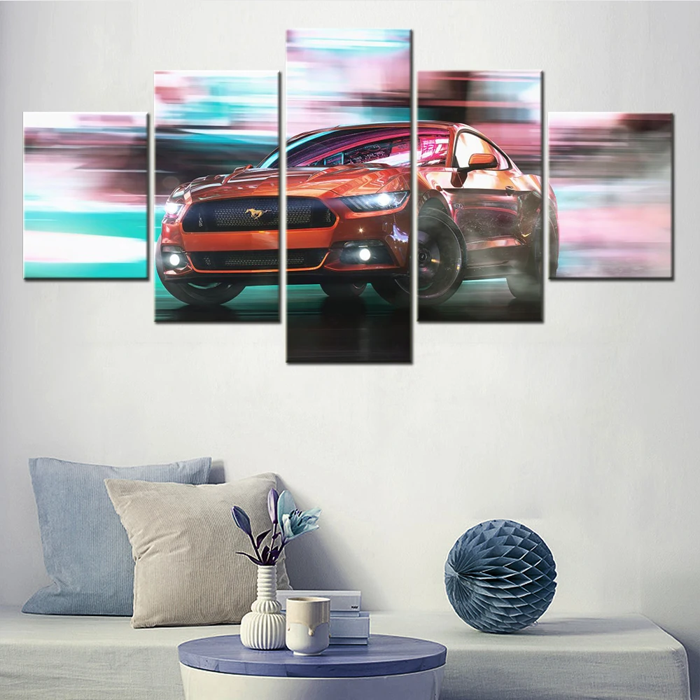 5 Pieces Canvas Wall Arts Poster Painting Sports Cars Ford Mustang Drift Wallpaper Modular Picture Print For Bedroom Home Decor