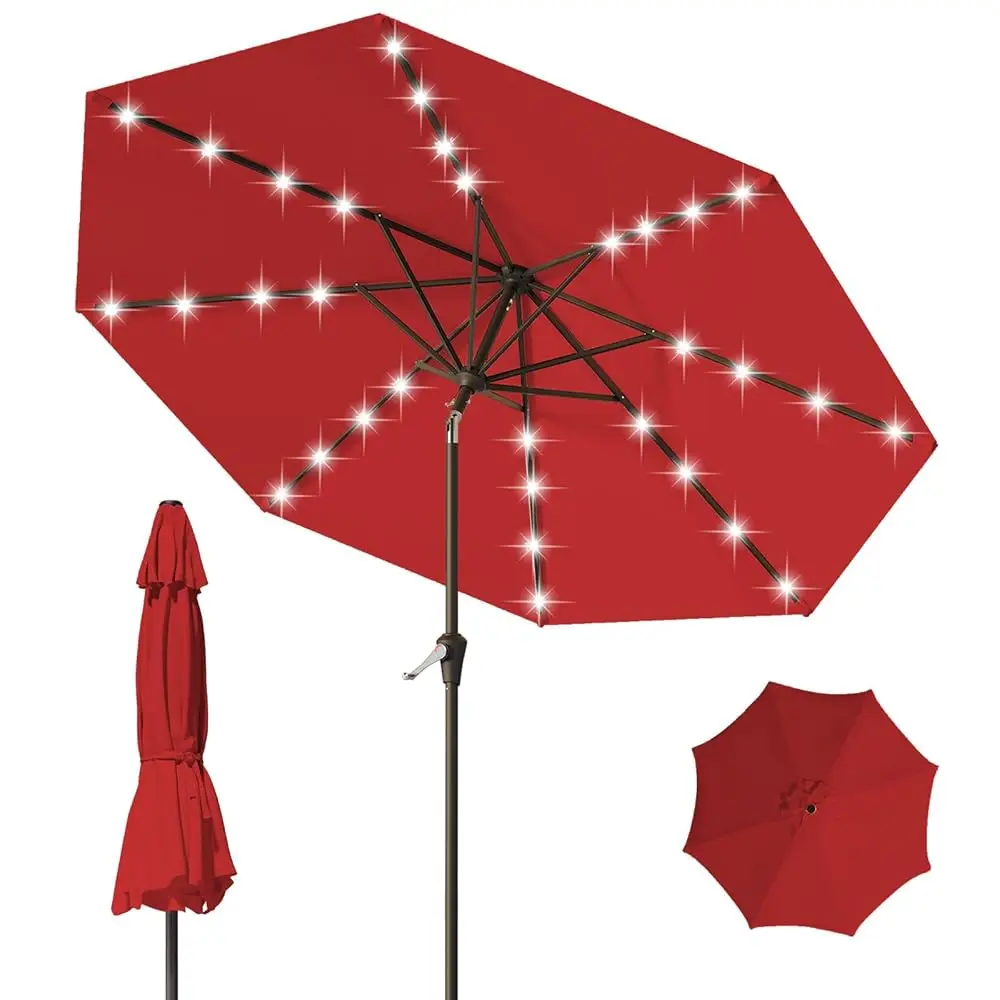 

9Ft Patio Umbrella With Solar Lights,Outdoor Market Umbrella With Tilt And Crank, Led Lighted Table Umbrella For