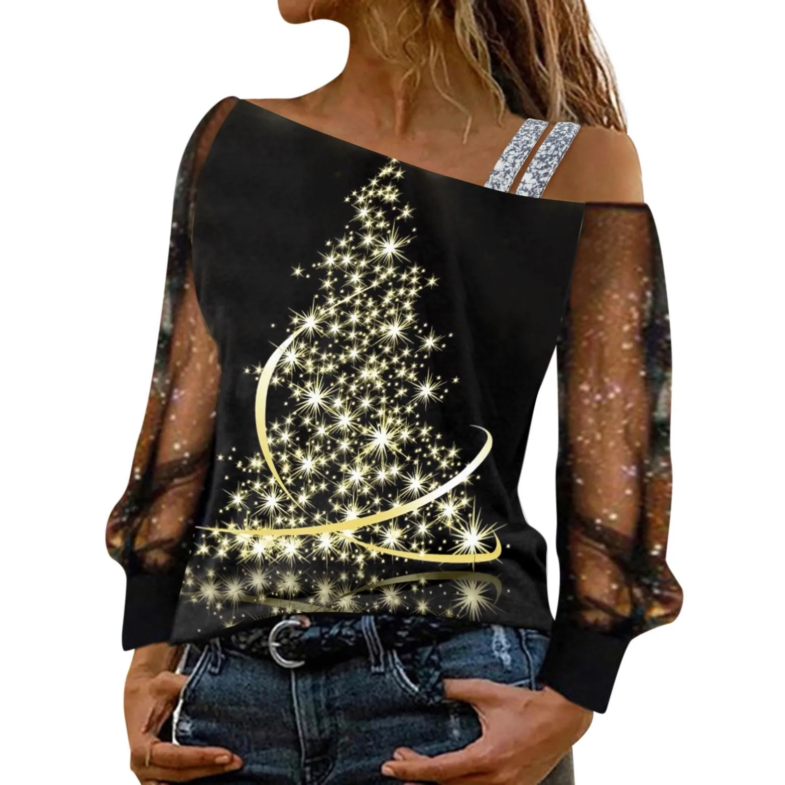 Off Shoulder Women\'s Shiny T Shirt Long Sleeve Christmas Clothes Wine Glass Print Mesh Splicing T Shirt Tops For Sexy Women