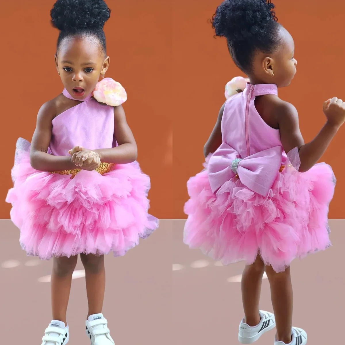 

Short Pink Flower Girl Dresses High Neck Customized Tiered Tulle Litter Baby Girls Birthday Gowns Kids Dress For Wedding