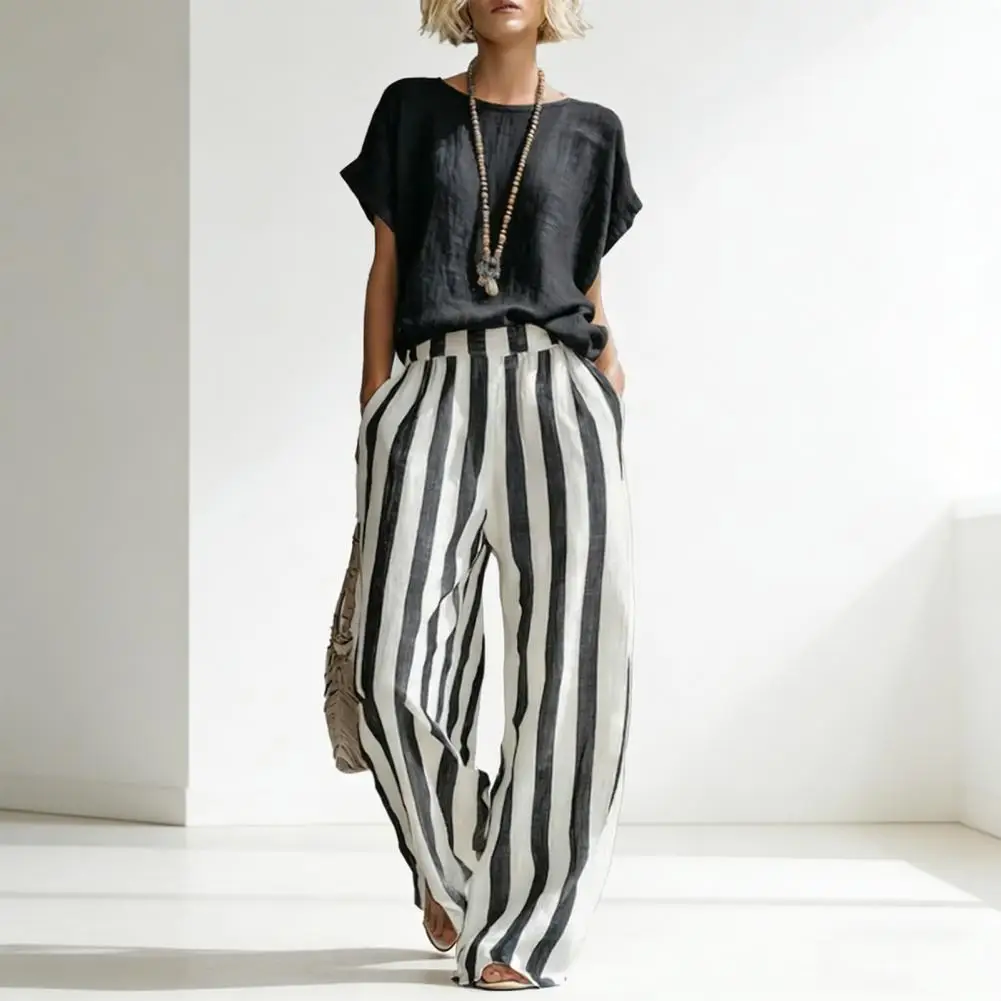 

2026 Boho Linen Two Piece Sets Women Casual Short Sleeve Solid Top Striped High Waist Wide Leg Pants Suit Summer Vacation Outfit