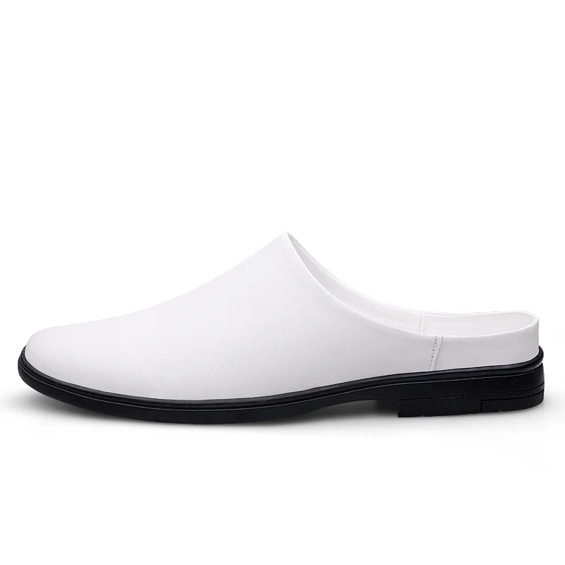Summer Fashion Half Shoes Men Casual Comfortable Leather Shoes Half Slippers Solid White Slip On