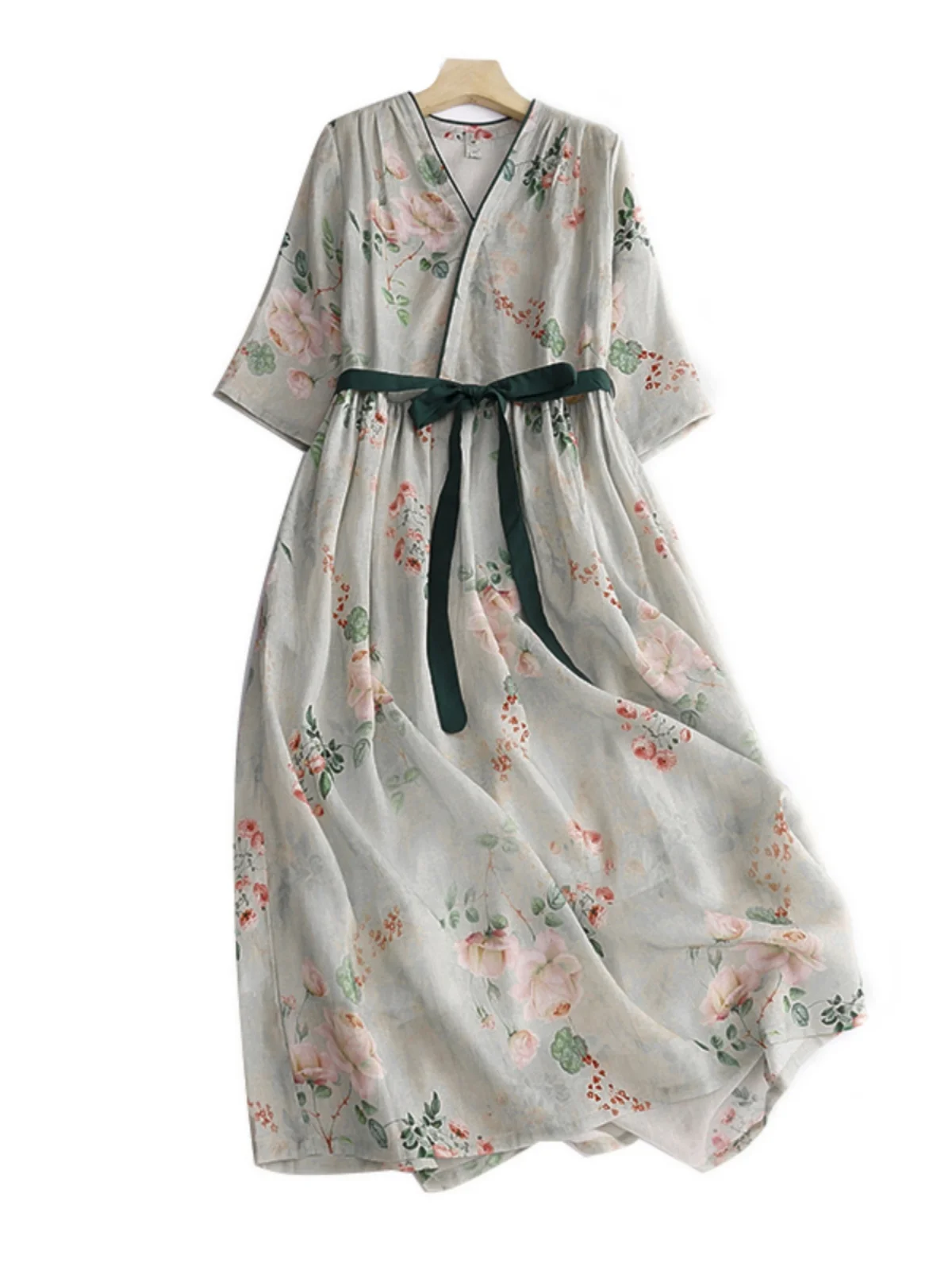 فستان صيفي طويل بدون أكمام من الكتان بنقشة زهور عتيقة، فضفاض ونحيف بياقة على شكل V وخصر ضيق وتنورة واسعة بخصر مرتفع