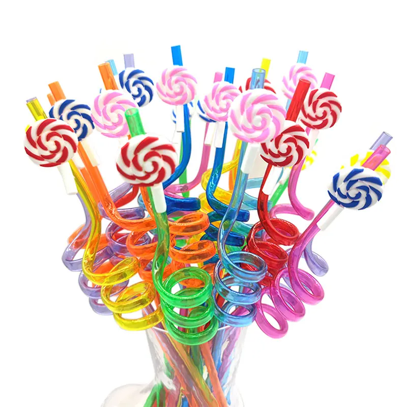 

8pcs 26cm Cartoon Sweet Candy Lollipop Straw Reusable Plastic Spiral Drinking Straws Kids Grow Up Theme Birthday Party Decor