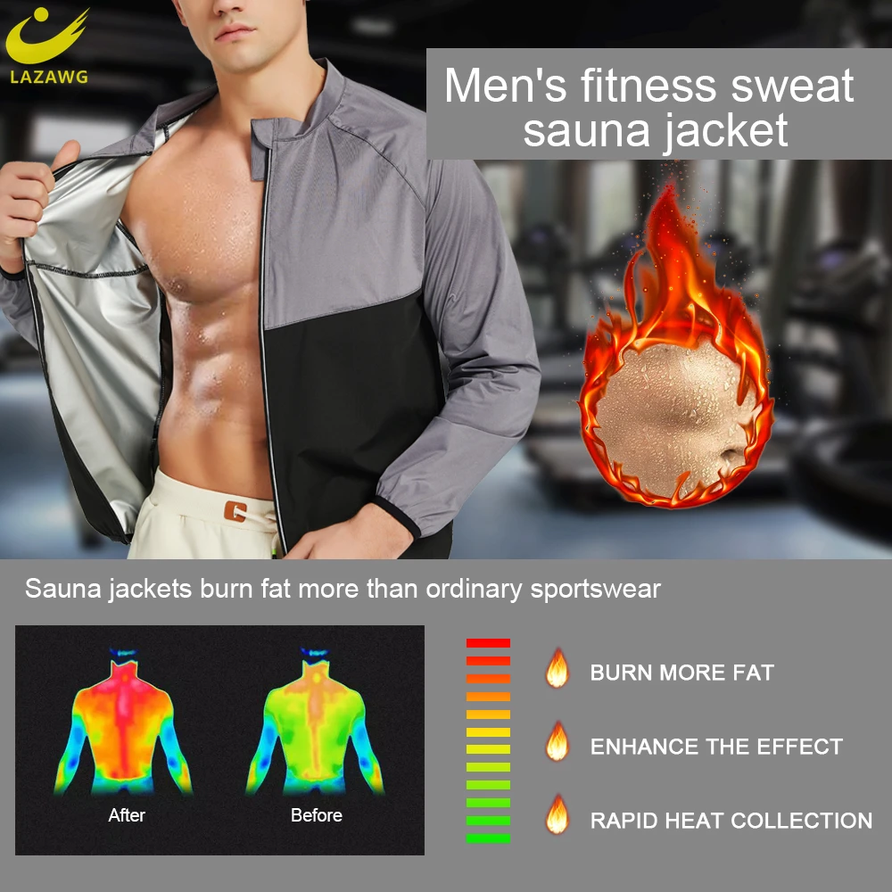 LAZAWG Men Sauna Suit Sweat Jacket Pants Slimming Leggings Top Weight Loss Set Workout Fitness Gym Fat Burner Zipper Thermal