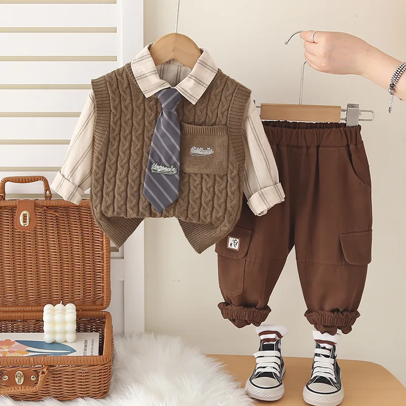 2025 Autumn Boys' 3-Piece Sets Sweater Vest & Tie Long Sleeve Shirt & Pants Outfit Toddler Formal Casual Clothes School Uniform