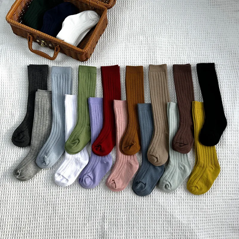 Solid Baby Boys Girls Knee High Long Socks Cotton Breathable Stripe Soft Kids Sock Children School Uniform Stripe Socks