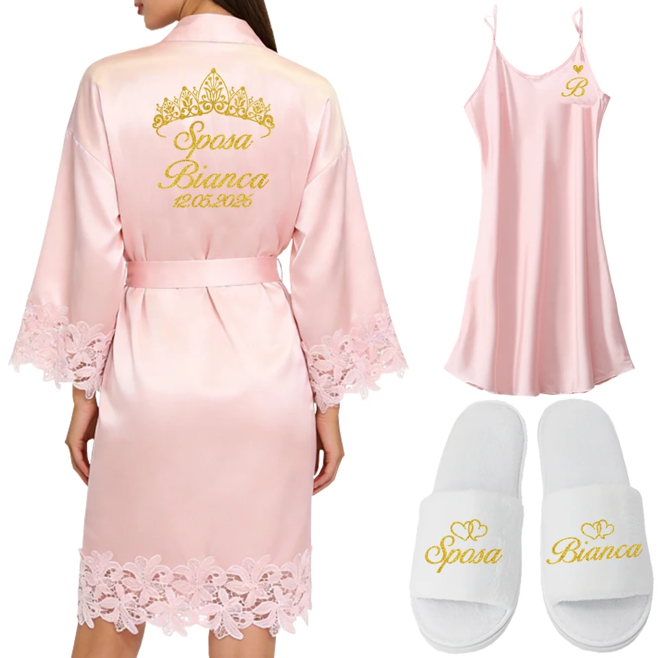 Customized Women's Bathrobe Personalized Name & Date Bride Lace Robe for Bridal Party Gown Add Any Text