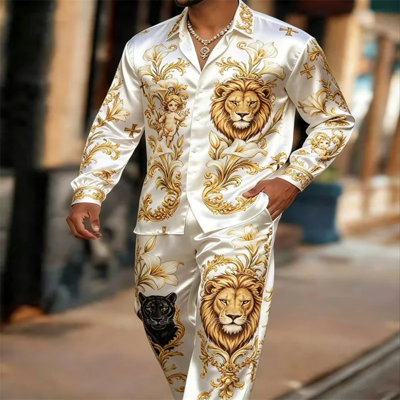 Men Elegant Satin Two Piece Outfit Golden Lion Angel Black Panther Floral Print Long Sleeve Button Shirt & Trousers Set Male For
