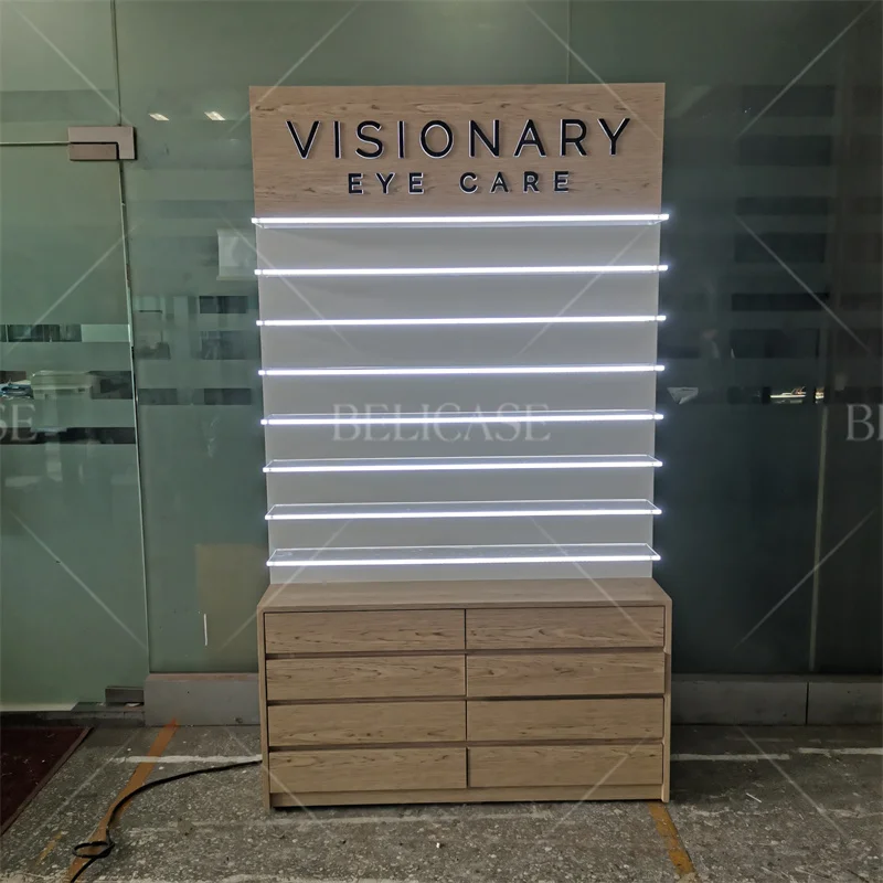 customized.Optical Shop Equipment Sunglasses Showcase Eyewear Display Cabinet with Led Lighting Optical Shop Interior Design Dec