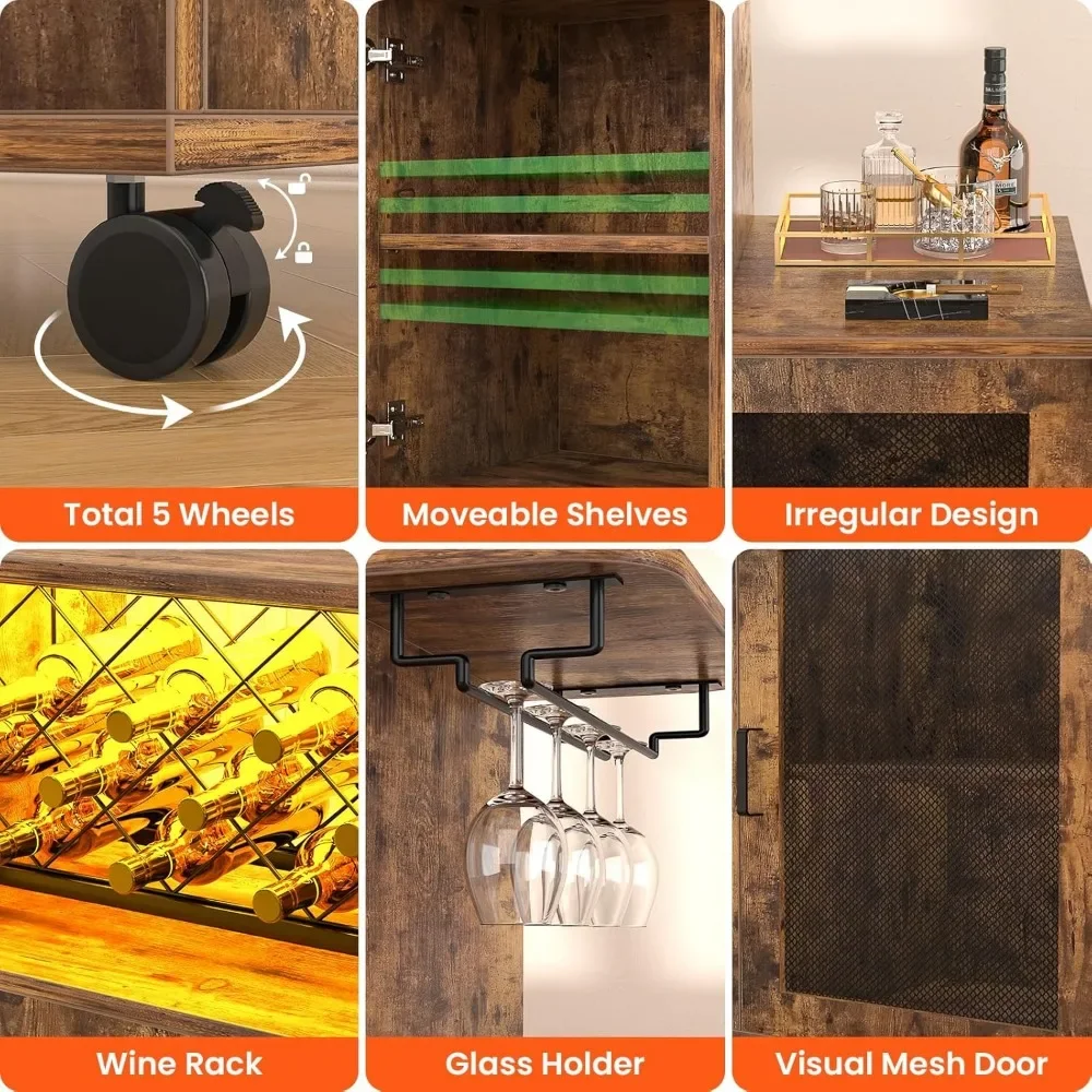 Wine Bar Cabinet com Rodas, Pequeno armário de bebidas com luz LED, Home Bar Cart com Power Outlets, Coffee Bar com Wine Rack