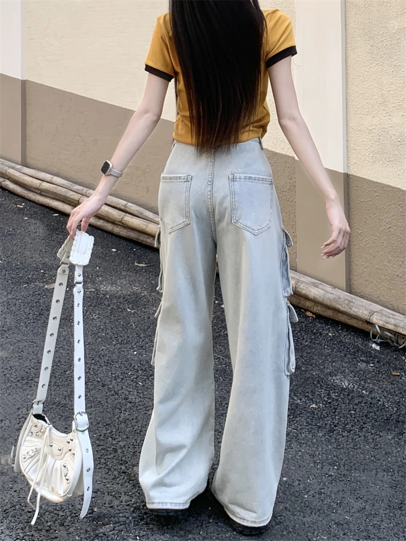 Benuynffy American Retro Multi-pocket Washed Straight Cargo Pants Women's High Street Hip-Hop Oversize Y2k Wide-leg Jeans