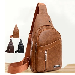 Mochila esportiva de couro PU pequena para homens, bolsa de ombro, furo de fone de ouvido, grande capacidade, bolsas de peito, caso elegante