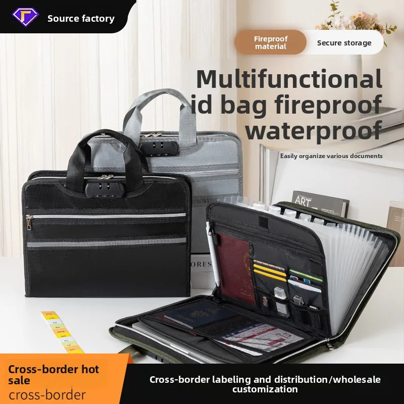 13 Pocket Accordion Document Organizer Bag with Lock Reflective Strip Large Capacity File Holder for Office Receipts and Cards
