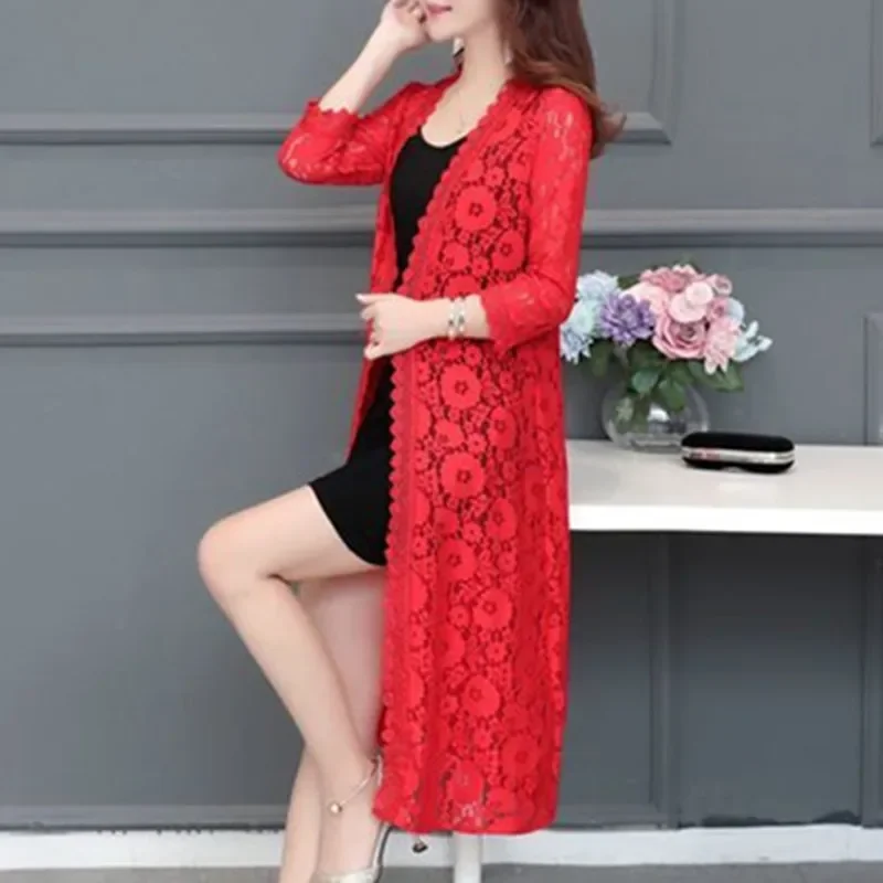 Women Lace Cardigan Mid-length Summer Mesh Shawl Loose Over-the-knee Sun Protection Clothing Women Jacket Shirt Outerwear