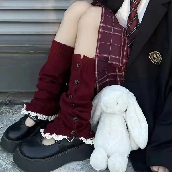 Jirai Kei Gothic Women Black Knit Leg Warmers Lace Trim Button Detail Slouchy Boot Covers Kawaii Winter Streetwear Outfit 2026