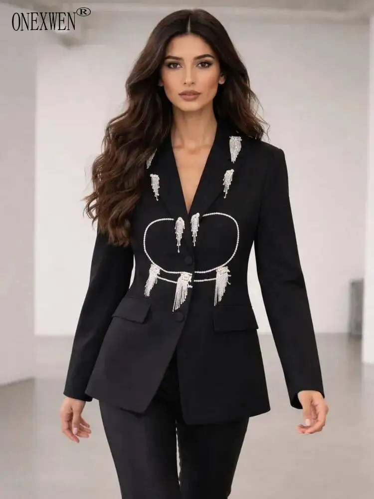 ONEXWEN Black Tassel Blazer Women Elegant Suit Jacket 2026 Spring Fashion Beaded Chain Decor Office Lady Blazer Coat ZM5303