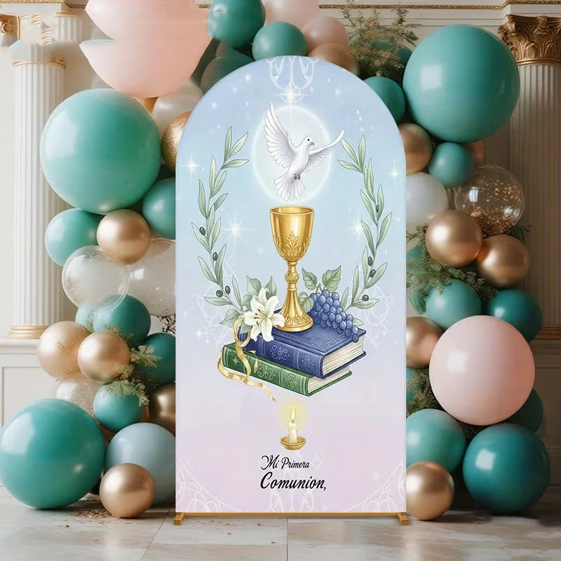 

LS Custom 2-Sided First Holy Communion Kids Baptism Gold Bless Party Baby Shower Covers Chiara Arch Decor Backdrop Photo