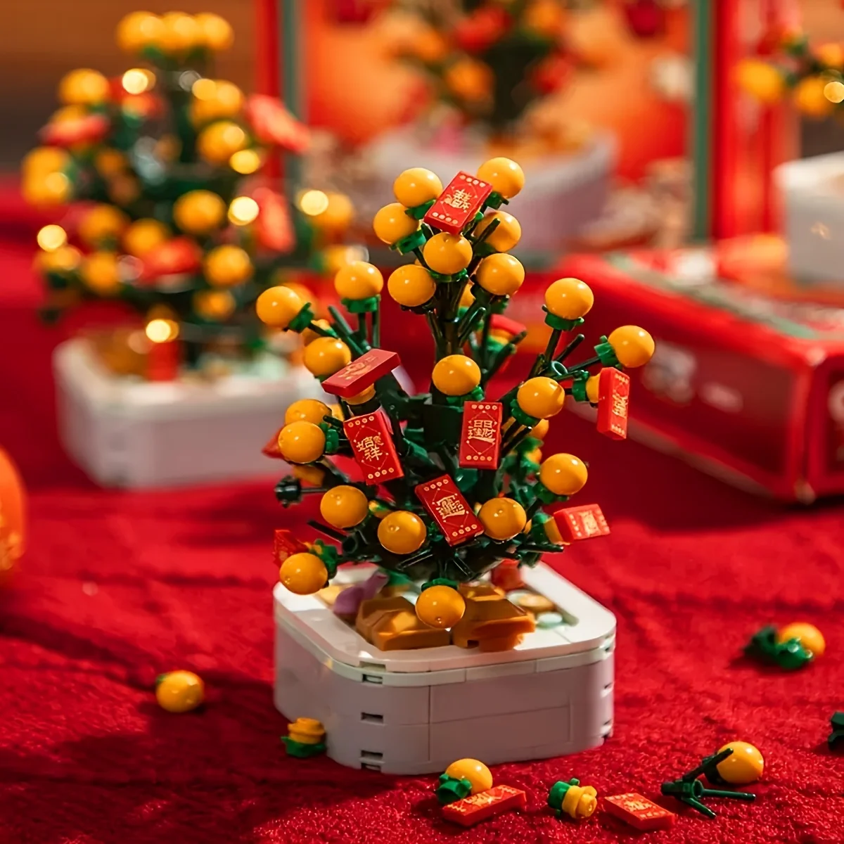 Blocchi di costruzione dell\'albero arancione, decorazioni di piante in vaso, regali di festa di natale, giocattoli di puzzle, regali per gli amici