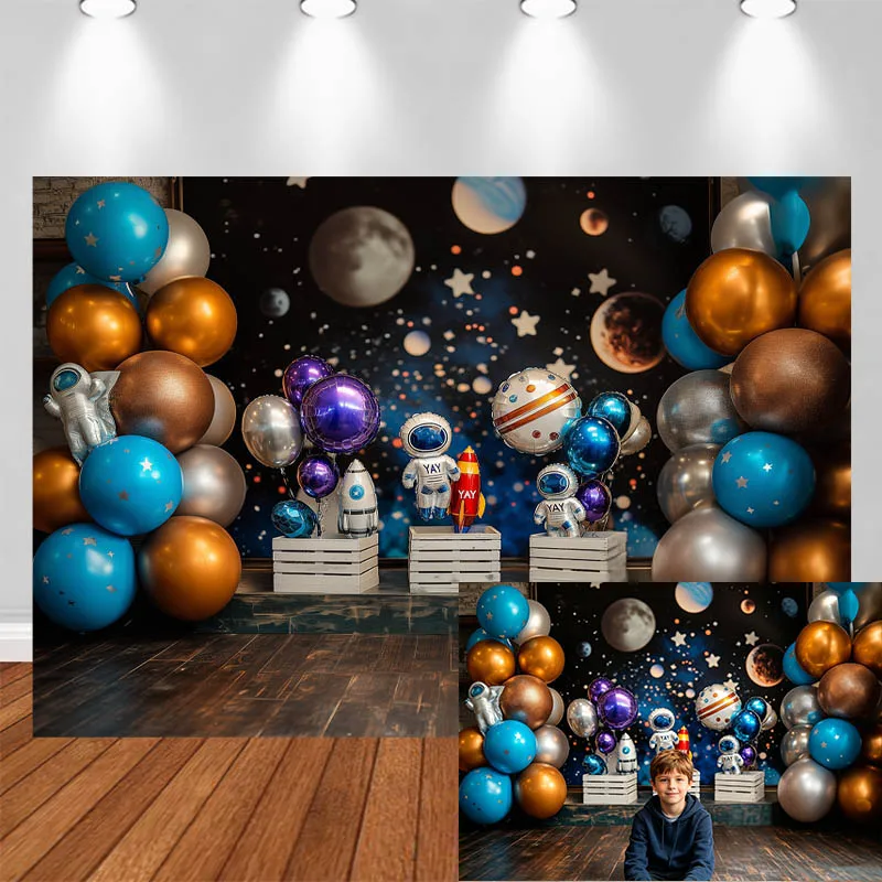 

LS Photography Background Space Balloon Astronaut Moon Lunar Decor Birthday Cake Smash Kids Portrait Photo Backdrop Studio