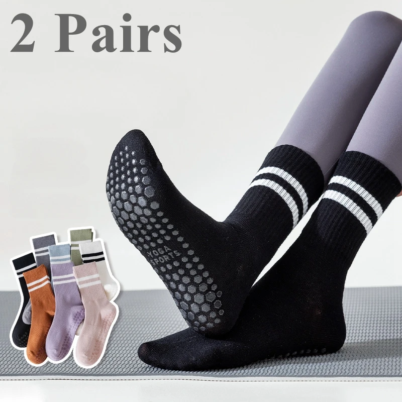 2 Pairs Anti-slip Yoga Pilates Socks Non-slip Sports Grip Socks High Quality Cotton Mid Tube Crew Socks Striped