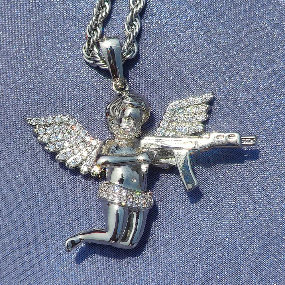 Hip Hop Rapper Punk New Trend Iced Out Angel With Gun Diamond Jewelry  Vengeance Angel Wing Pendant Choker Necklace Women Gift