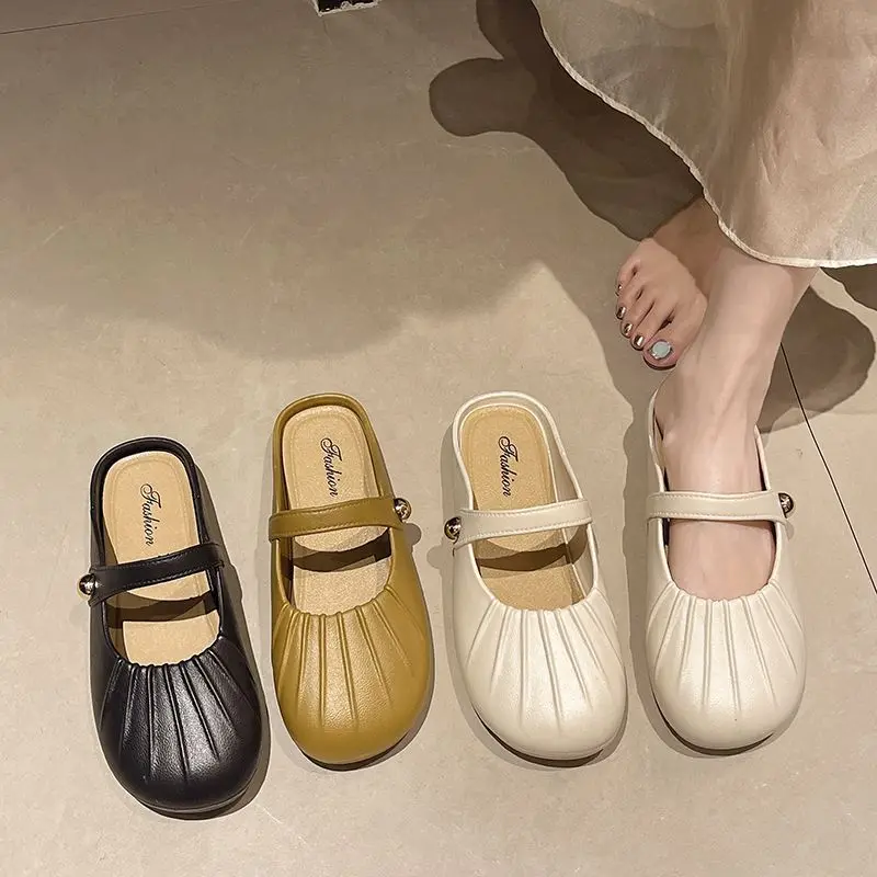 New French Mary Jane pleated women's single shoes casual versatile style small beads on the side without heel half slippers