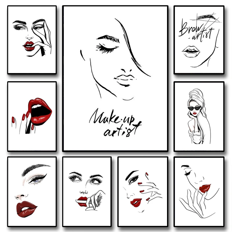 Fashion Makeup Poster Sexy Beauty Woman Quotes Wall Art Nordic Eyelash Red Lips Canvas Painting HD Print Wall Picture Home De