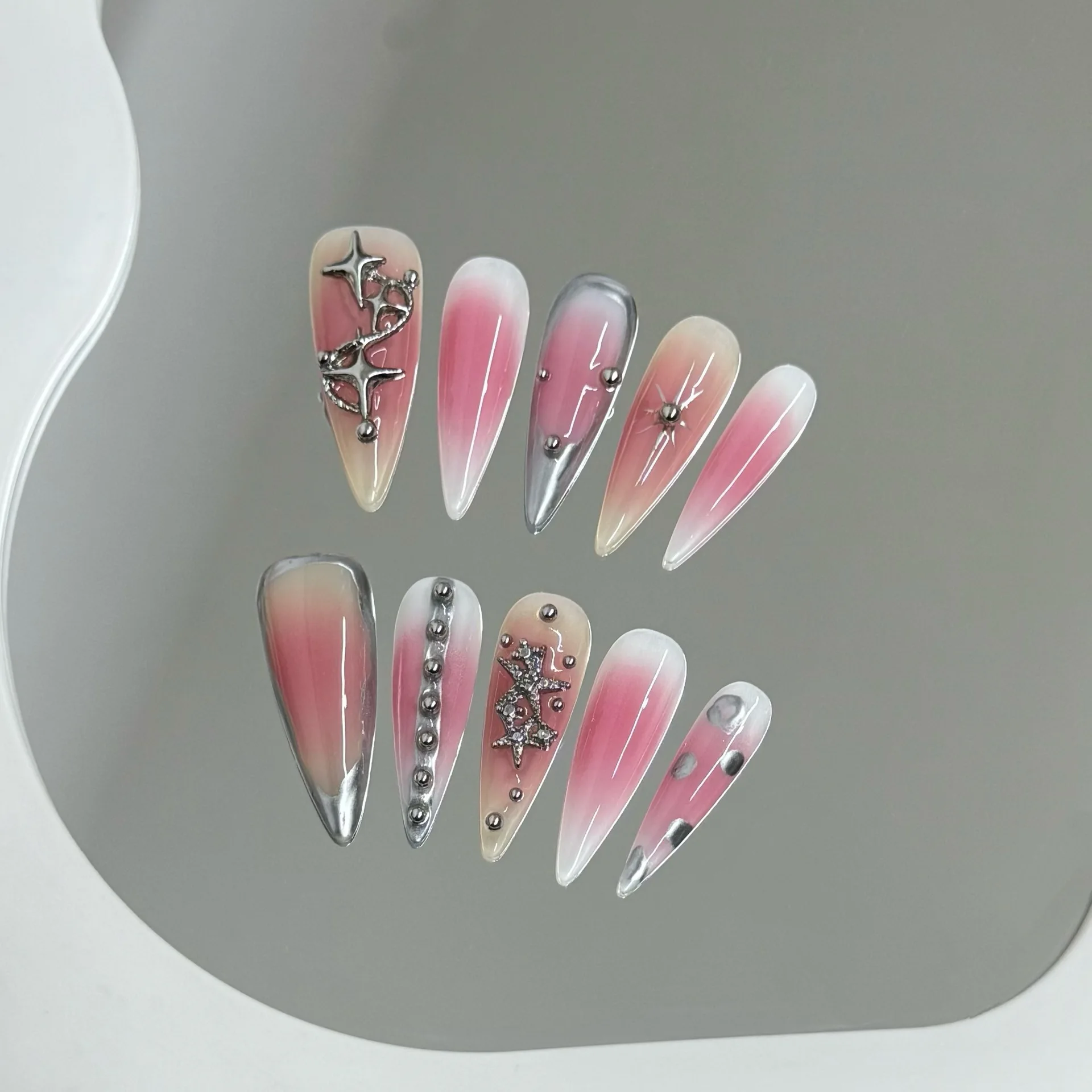 

10PCS Y2k Long Stiletto Handmade Press on Nails Sweet Cool Pink Blush Metallic Silver Star Decor False Nails Spice Girl Wearable