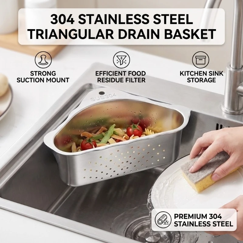 Stainless Steel Triangle Sink Filter Basket Hanging Drain Basket for Kitchen Residue Storage Anti Clog